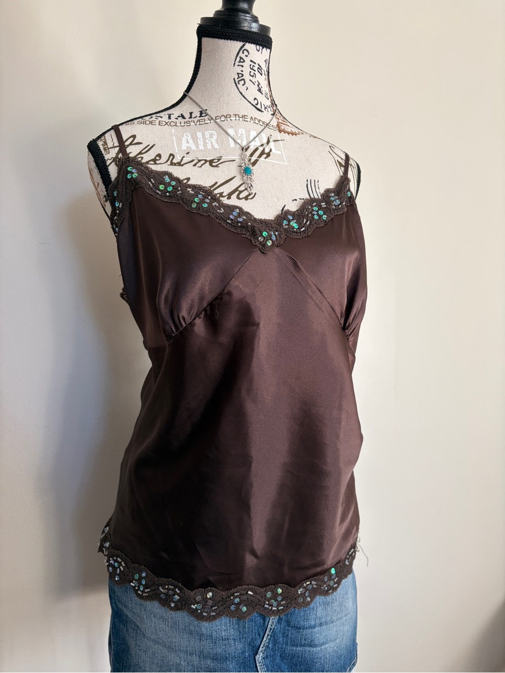 Y2K Chocolate Brown Satin Lace Sequin Beaded Girly Camisole - Picture 3 of 12